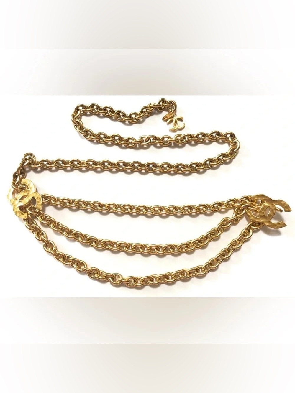 Authentic CHANEL gold plated CC triple chain hanging belt vintage 90cm